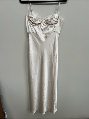 ASTR The Label- Florianne Dress Champagne Satin Midi Slip Dress with Lace Trim